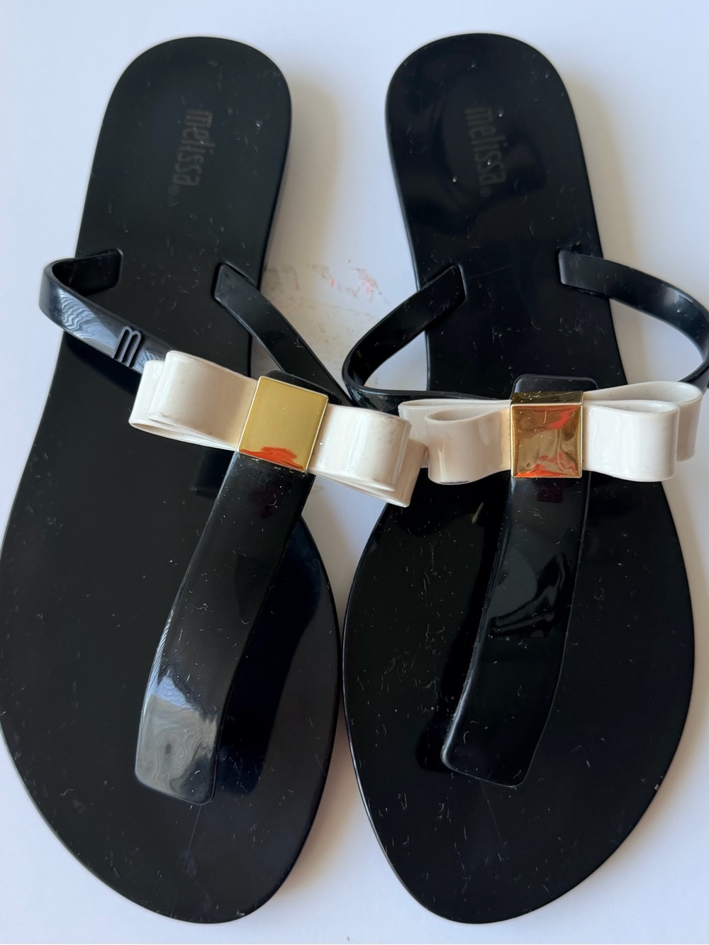 Melissa Black Jelly Sandals with Cream Bow and Gold Plate